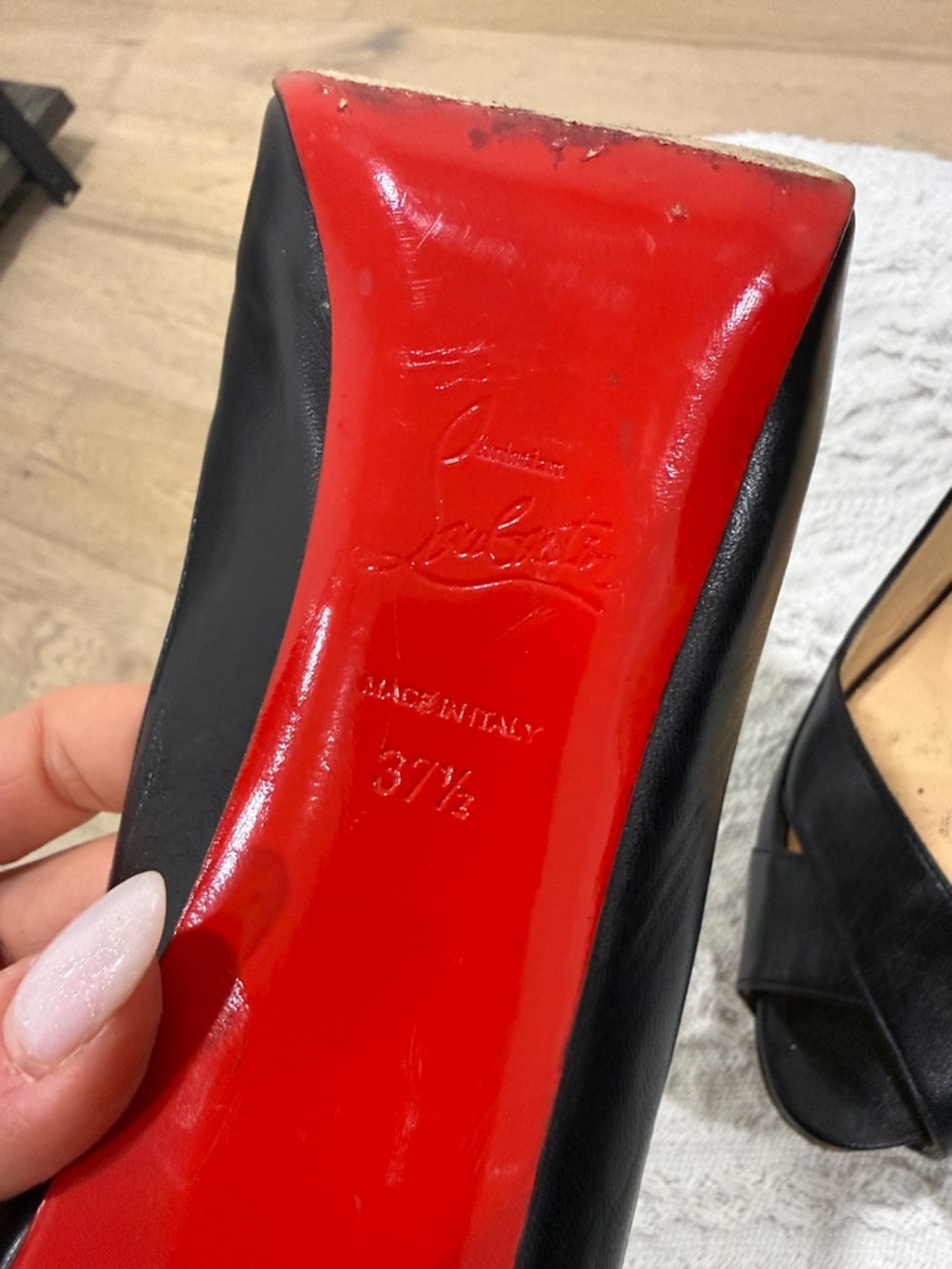 Christian Louboutin Academia Black Leather Peep-Toe Stiletto with Red Sole 37.5 - Picture 10 of 11
